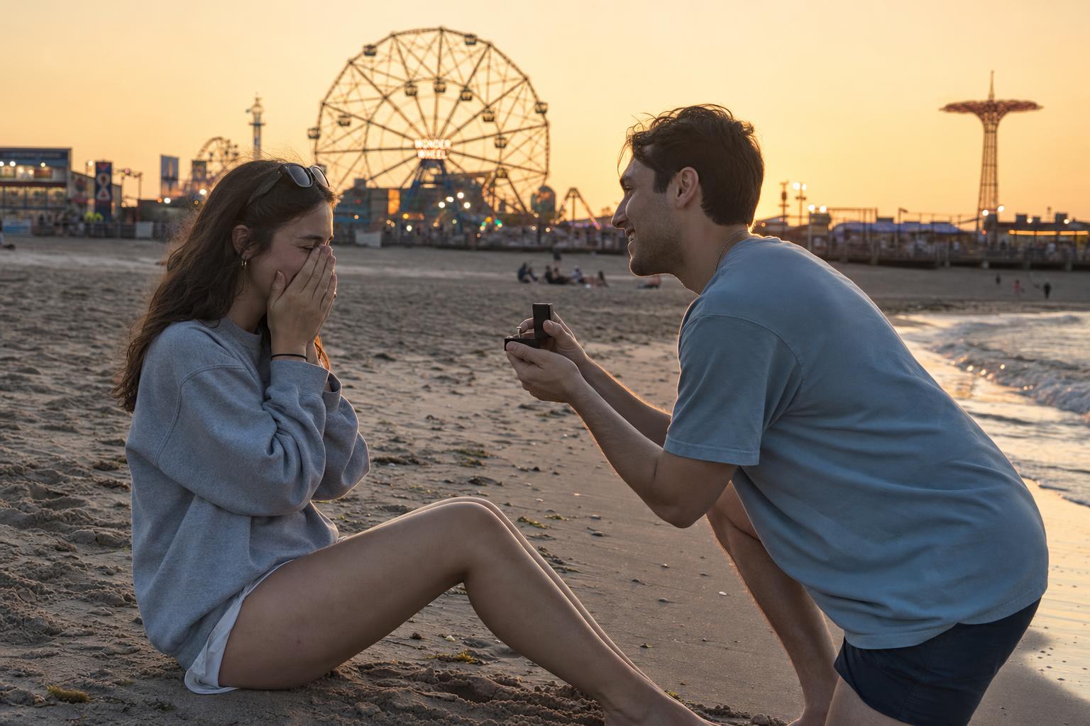 On Coney Island Beach - marriage proposal in New York