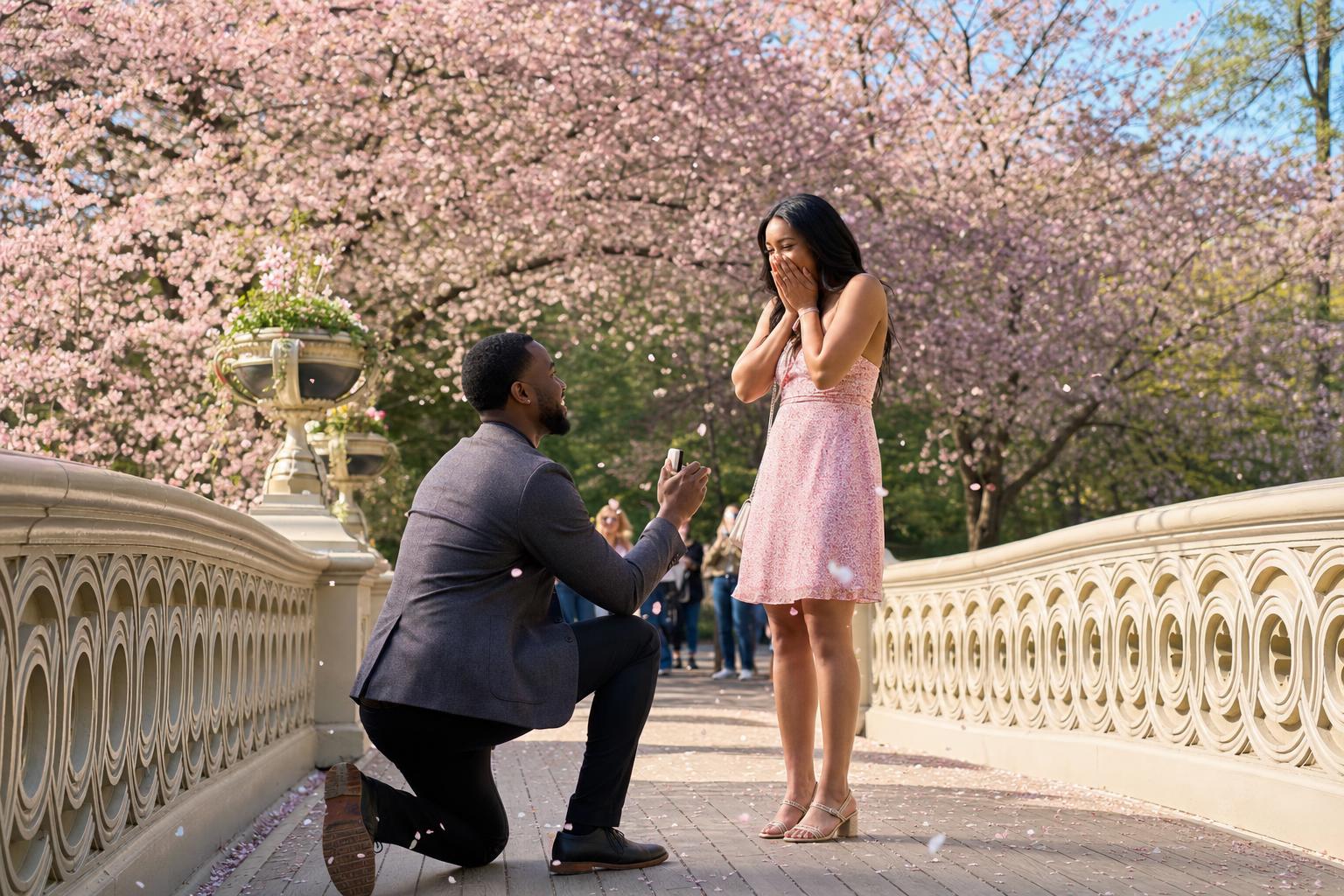 Romantic marriage proposal setting in New York with the Manhattan skyline