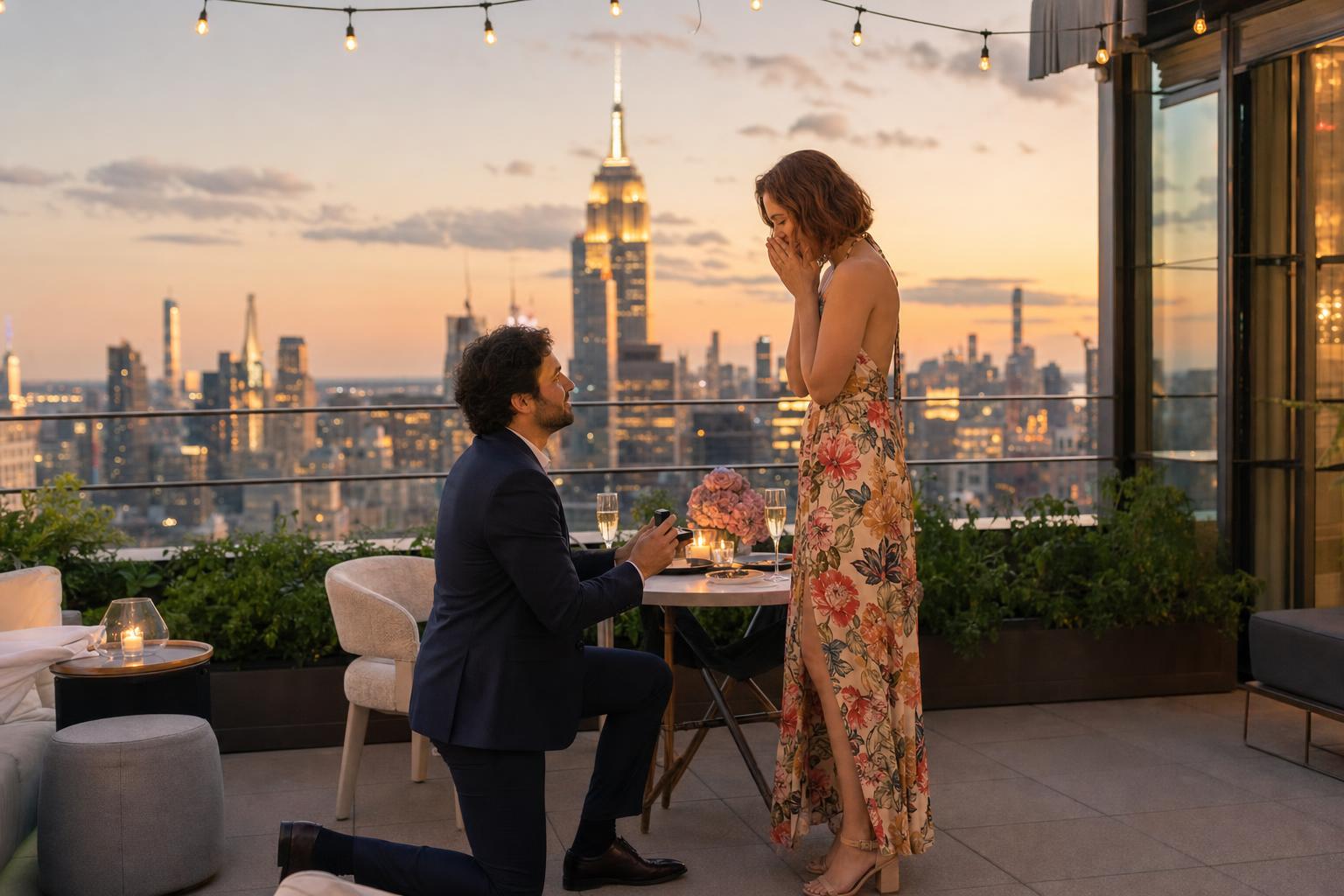 On a luxury rooftop - marriage proposal in New York